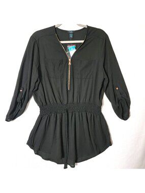 Rue+ Top Womens  Sz 1X Roll Tab Sleeve Elastic Smocked Waist Quarter Zip NWT